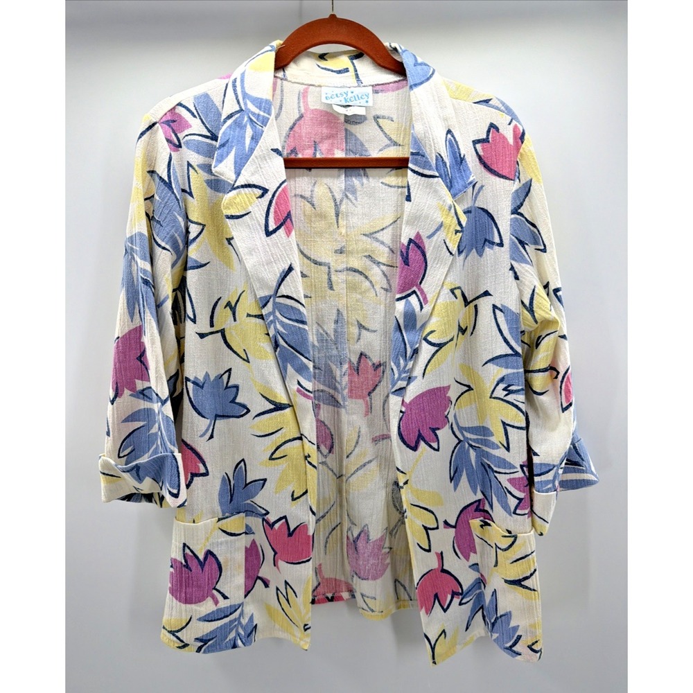 Betsy Kelley Blazer Vtg Open 80's Floral 3/4 Sleeve Size M Cottage Pastel Jacket